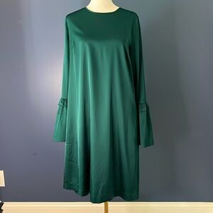 Worthington, satiny deep emerald green dress with ruffle bell sleeves. 8 Tall.